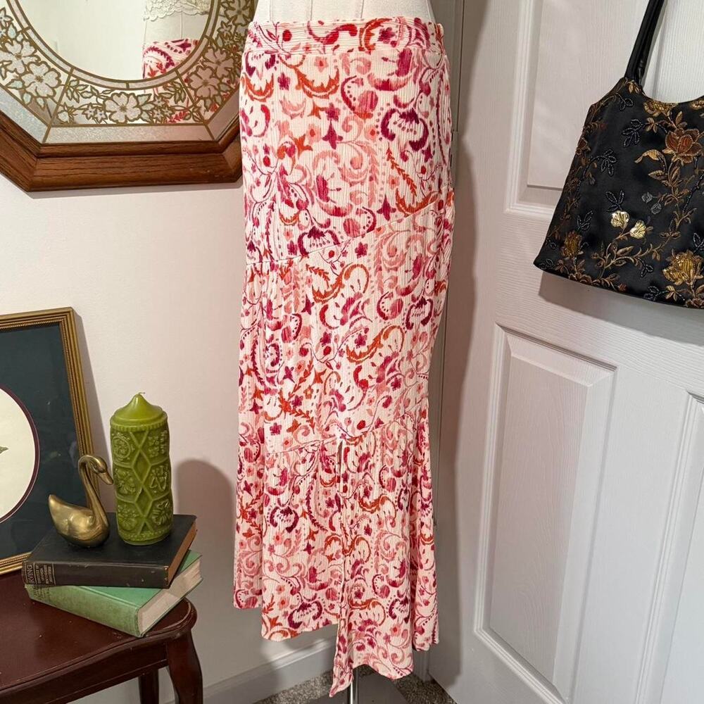 BCX Cream, Pink & Orange Swirly Floral Pattern Tiered Crinkled Whimsy Maxi Skirt